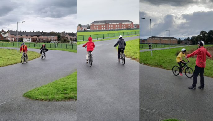 A montage of photos of people cycling