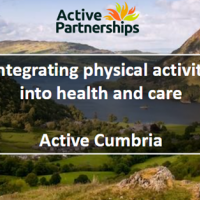 An infograpic of a lakeland scene with the Active Partnership logo and text which reads: integrating physical activity in to the health and care - Active Cumbria