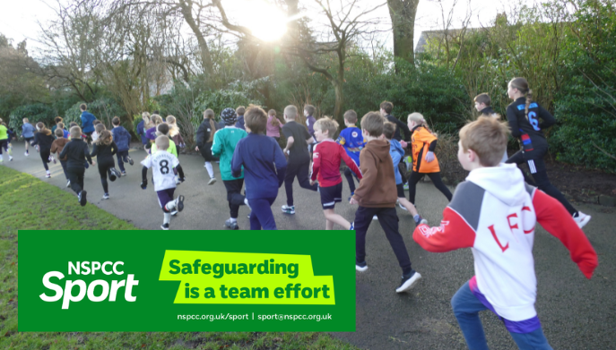 children running in a park a green text box includes the NSPCC Sport logo