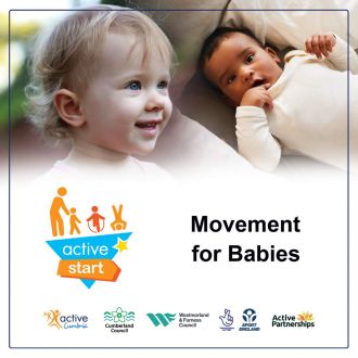 Front Cover of booklet with text Movement For Babies showing image of two babies  and Active Start logo