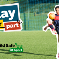 An image of a girl kicking a football with text Play Your Part Keeping Your Child Safe in Sport