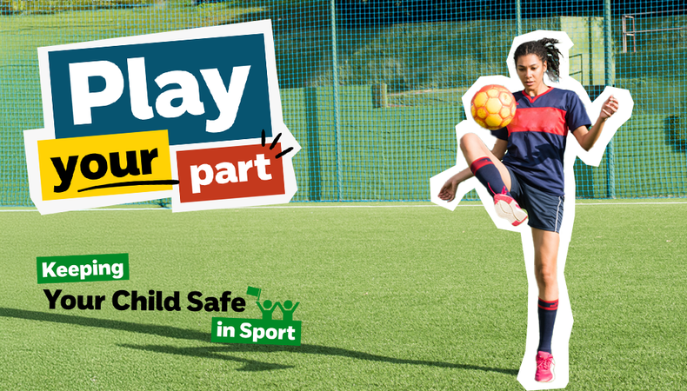 An image of a girl kicking a football with text Play Your Part Keeping Your Child Safe in Sport