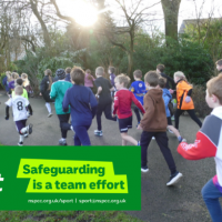 children running in a park a green text box includes the NSPCC Sport logo