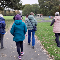 a group of adults walking outdoors in a park.  One of them is holding a dog on a lead